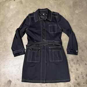 Apostrophe‎ Trench Jacket Coat Women 10 Black Long Belted Black Contrast Stitch